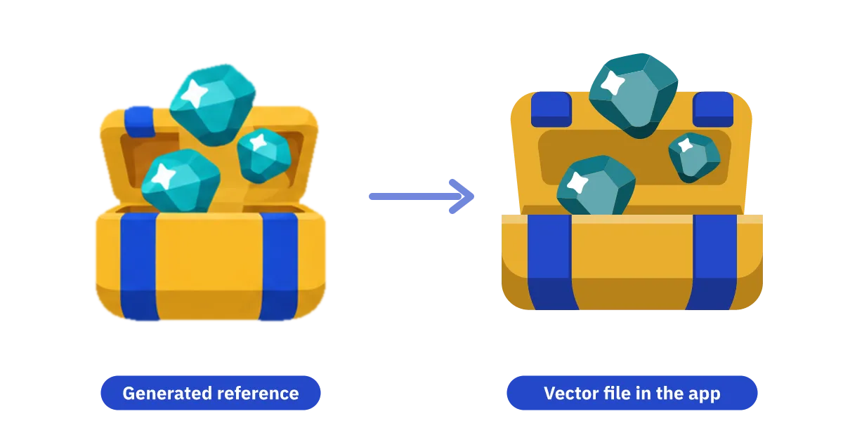 The open treasure chest twice: on the left the image-generator reference with its soft shading and glow, on the right the redrawn vector icon with flat colours, a darker band under each part and cleaner gem facets