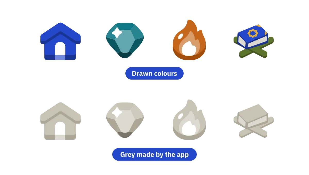 Four icons in their drawn colours on the top row, the learn tab, a gem, the streak flame and the Qur’an curriculum, and the same four files on the bottom row turned grey by the app