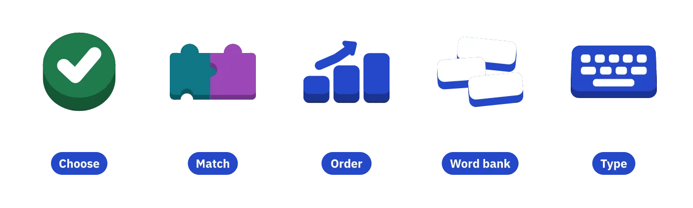 Five exercise types with their icons: choose an answer, match pairs, put in order, build from a word bank, and type the answer