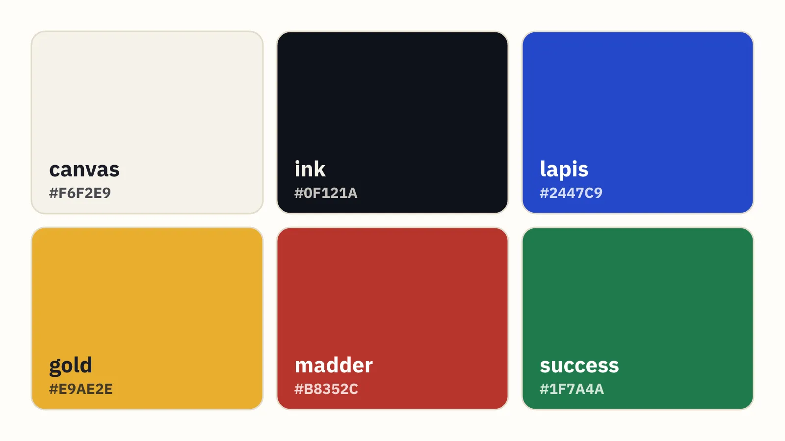 The Lapis & Gilding colors: paper, ink, lapis, gold, madder and green